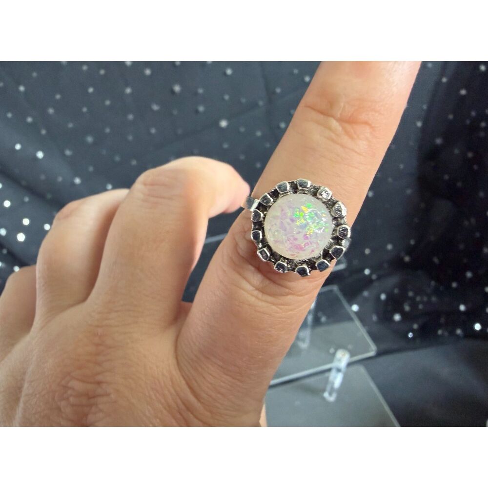 Opal Look Oval Ring Size 8, Silver Tone Floral Statement Ring
